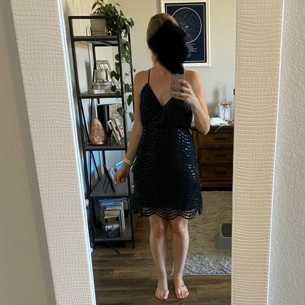 Little black sequin cocktail dress with partial open zipper back size medium